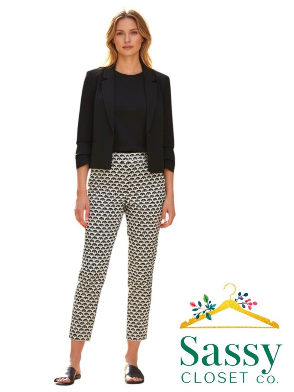 Ann Taylor Black White Scallop Fan Pants 4 Kate Fit Geometric Crop Blazer